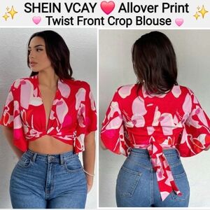 SHEIN Red and Pink Twist Front Crop Blouse, Size L